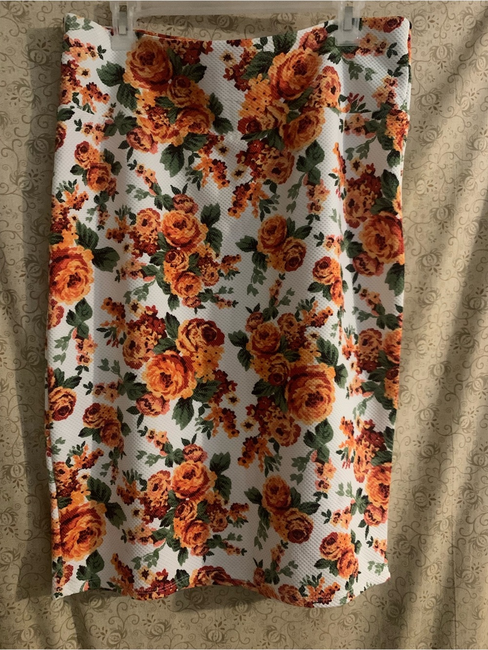 LuLaRoe Floral Orange Rose Cassie Print Pencil Skirt - Women's